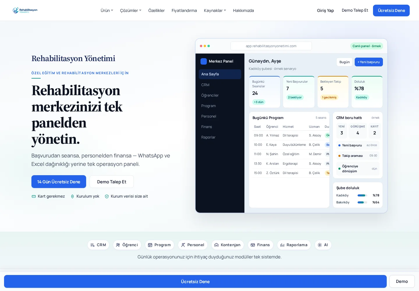 Rehabilitasyon Yönetimi — Merkez Yönetim Yazılımı paneli — UGİ BİLİŞİM
