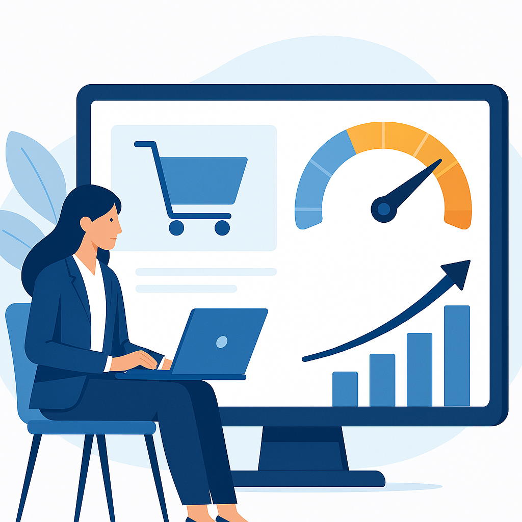 E-Ticaret Sitenizin Hızını Artırmanın 7 Yolu: Dönüşüm Oranına Etkisi — UGİ BİLİŞİM blog kapağı ve dijital pazarlama içeriği