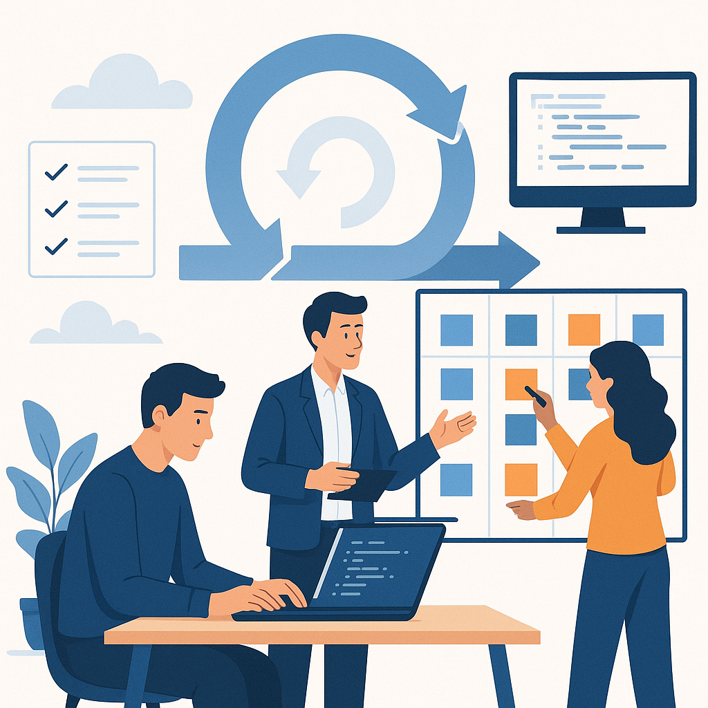 Yazılım Geliştirmede Agile Metodolojisinin Avantajları — UGİ BİLİŞİM blog kapağı ve dijital pazarlama içeriği